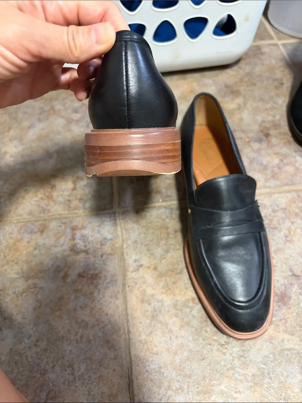 Franco Sarto Black Leather Penny Loafers with Tan/Brown Sole 9.5W